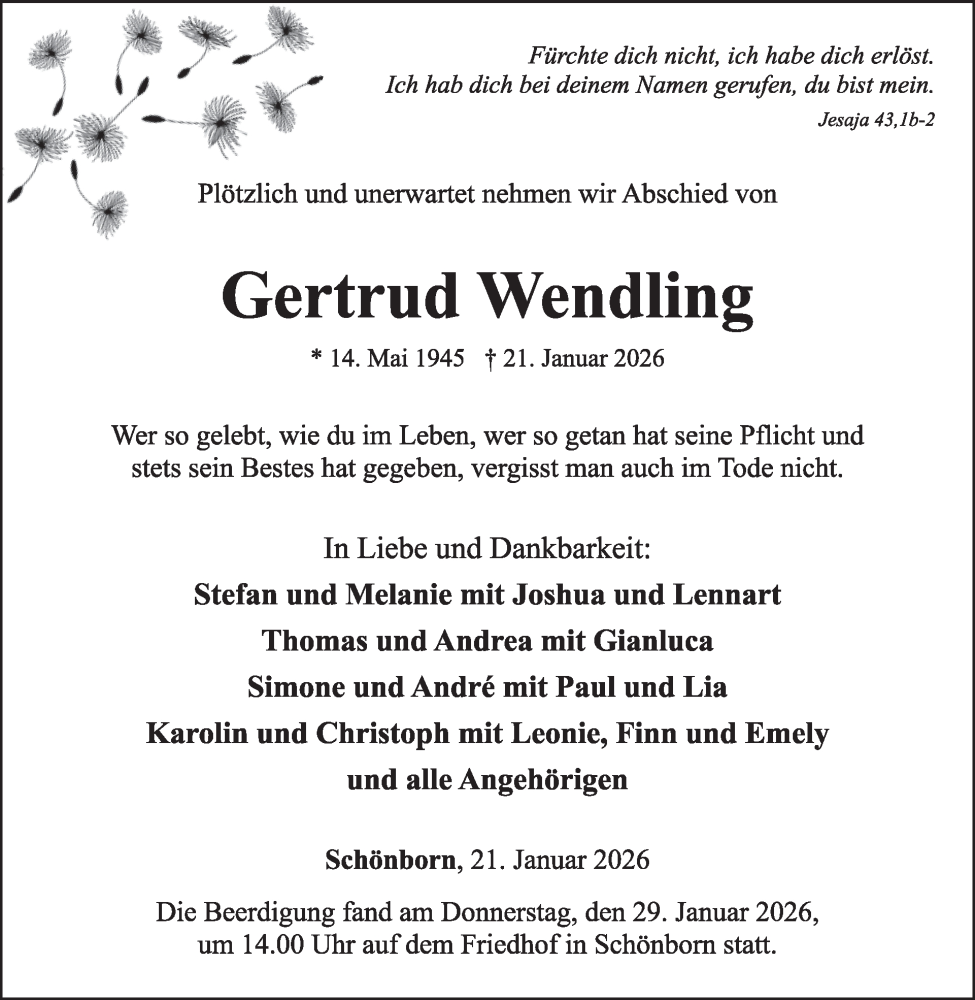  Traueranzeige für Gertrud Wendling vom 31.01.2026 aus WochenSpiegel