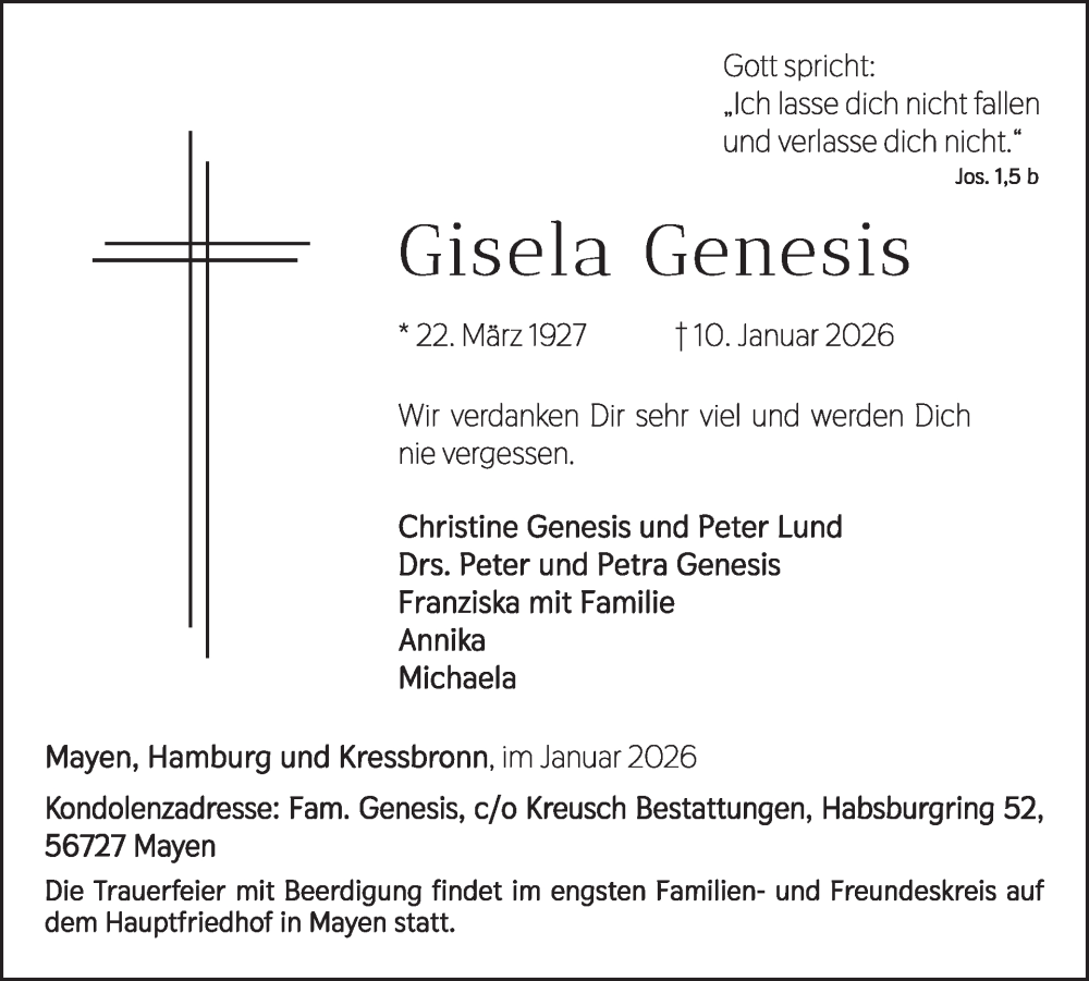  Traueranzeige für Gisela Genesis vom 21.01.2026 aus WochenSpiegel