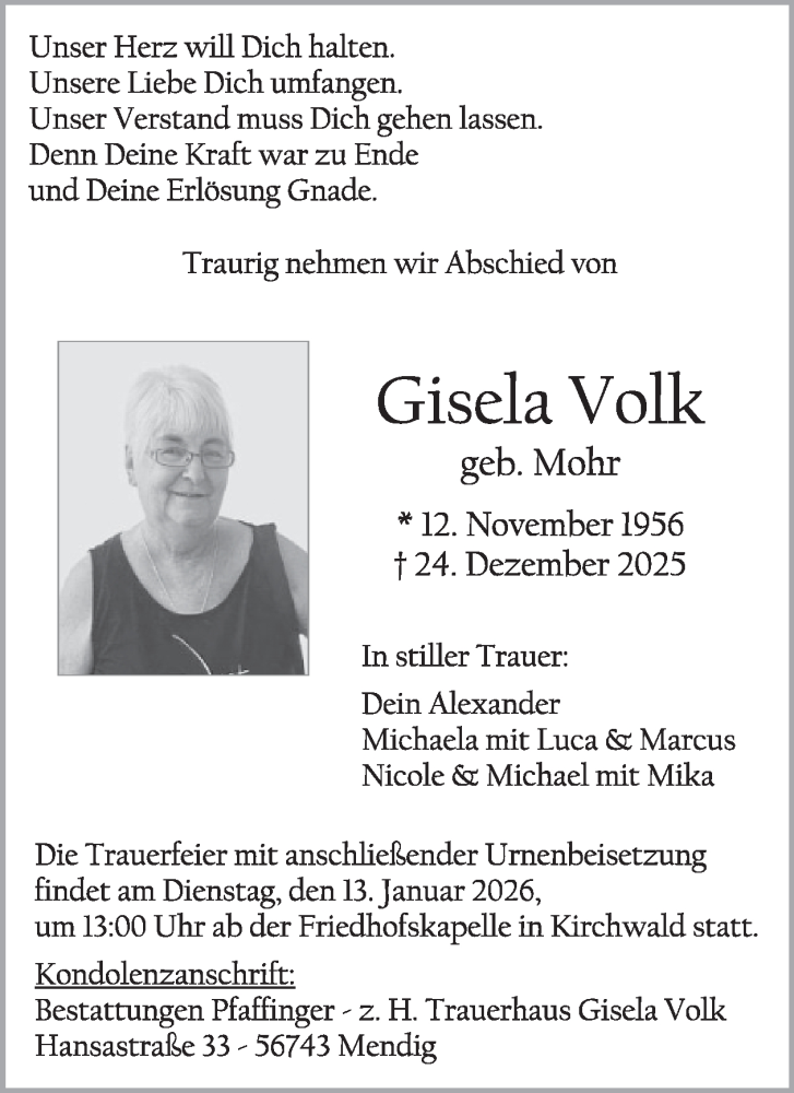  Traueranzeige für Gisela Volk vom 07.01.2026 aus WochenSpiegel