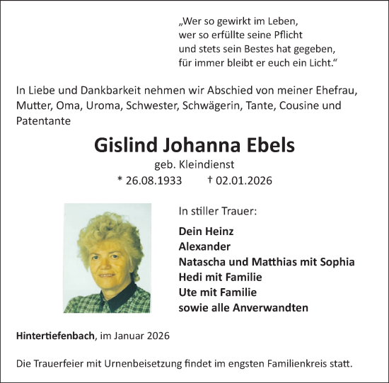 Traueranzeige von Gislind Johanna Ebels von WochenSpiegel