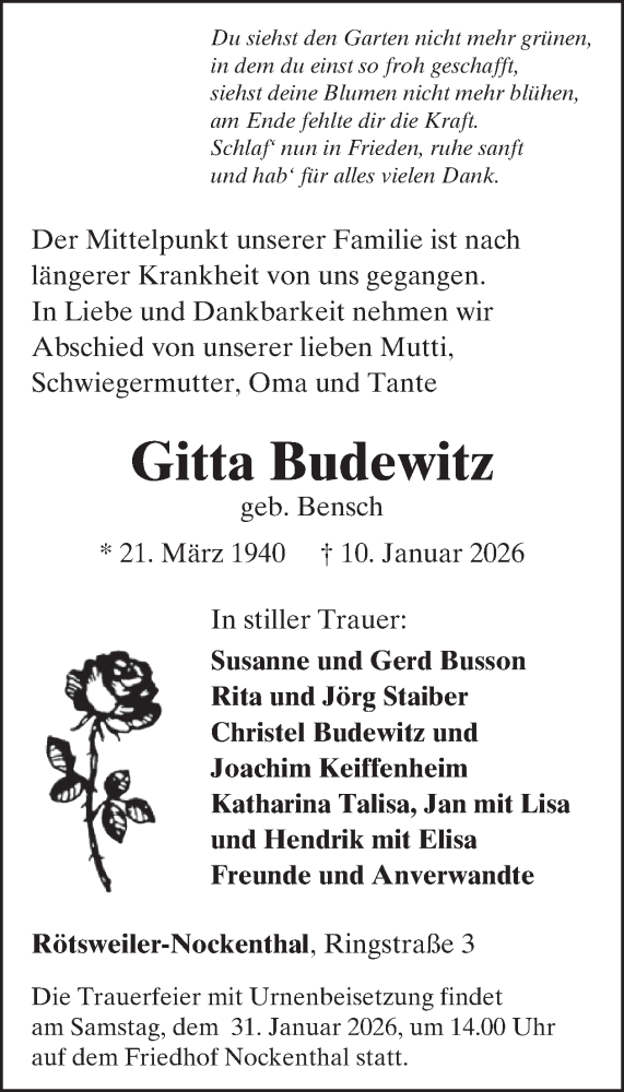  Traueranzeige für Gitta Budewitz vom 24.01.2026 aus WochenSpiegel