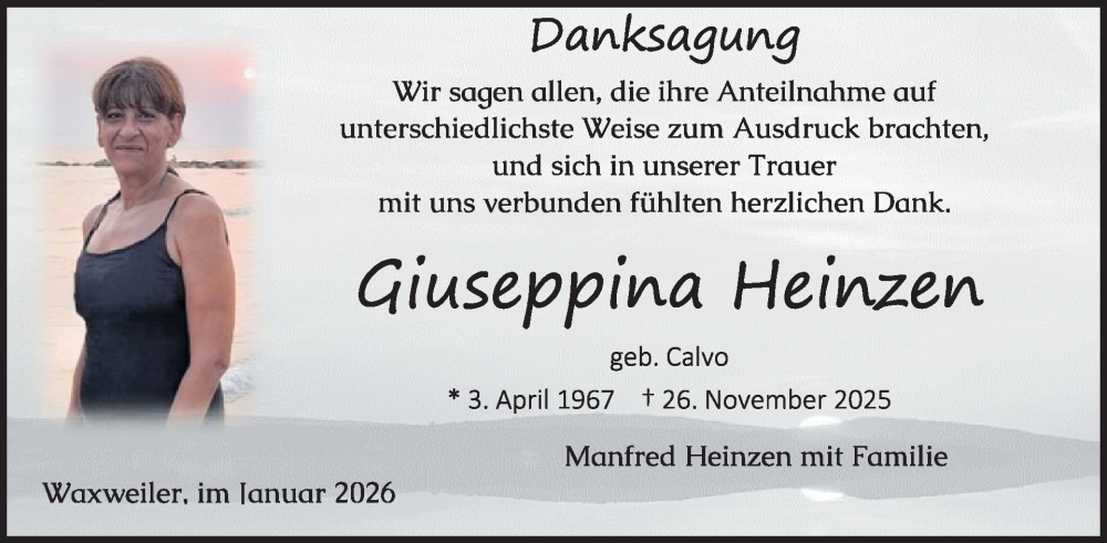 Traueranzeige für Giuseppina Heinzen vom 16.01.2026 aus WochenSpiegel