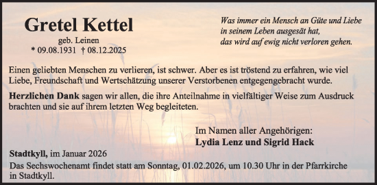 Traueranzeige von Gretel Kettel von WochenSpiegel