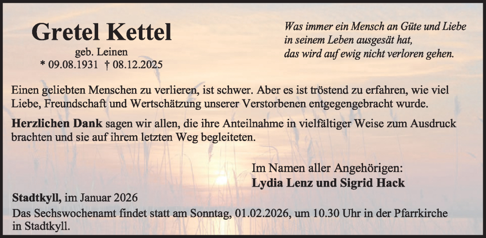  Traueranzeige für Gretel Kettel vom 17.01.2026 aus WochenSpiegel