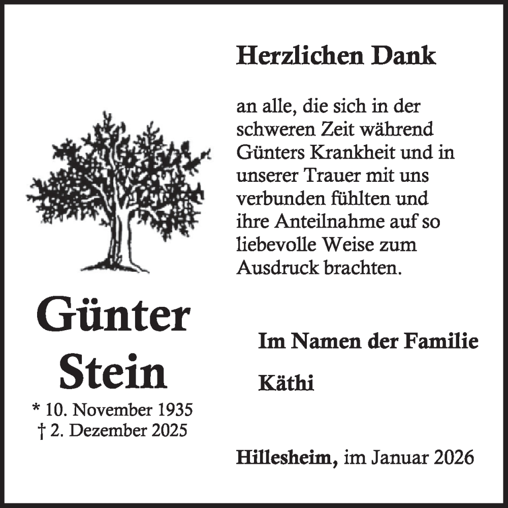  Traueranzeige für Günter Stein vom 10.01.2026 aus WochenSpiegel