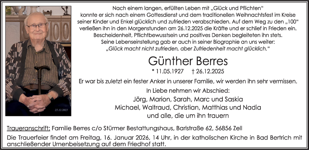  Traueranzeige für Günther Berres vom 07.01.2026 aus WochenSpiegel