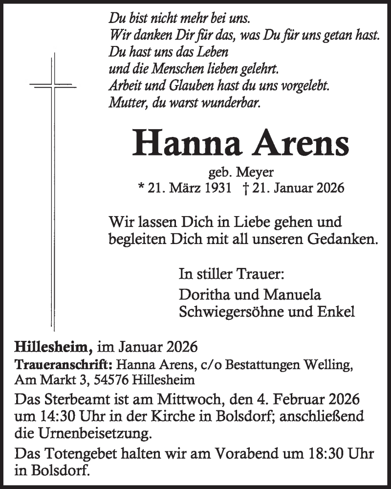  Traueranzeige für Hanna Arens vom 31.01.2026 aus WochenSpiegel