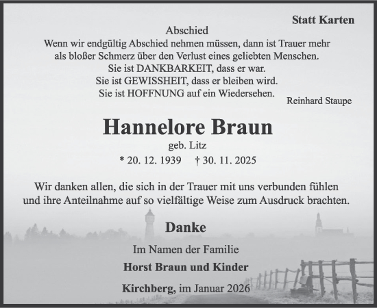 Traueranzeige von Hannelore Braun von WochenSpiegel
