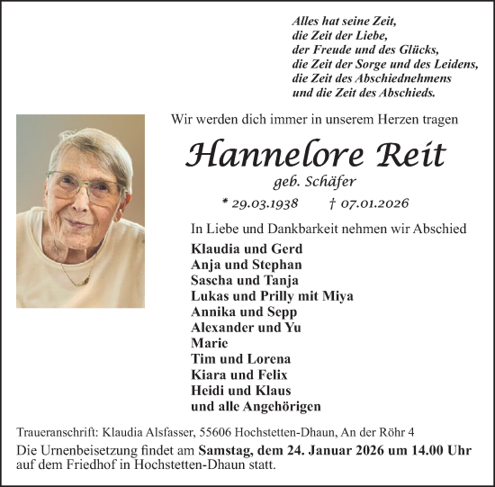 Traueranzeige von Hannelore Reit von WochenSpiegel