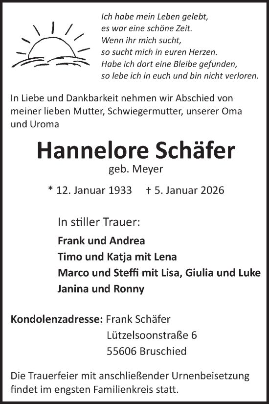 Traueranzeige von Hannelore Schäfer von WochenSpiegel
