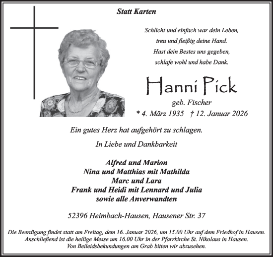 Traueranzeige von Hanni Pick von WochenSpiegel