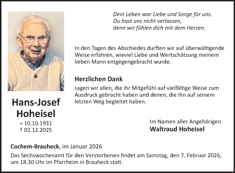  Traueranzeige für Hans-Josef Hoheisel vom 14.01.2026 aus WochenSpiegel
