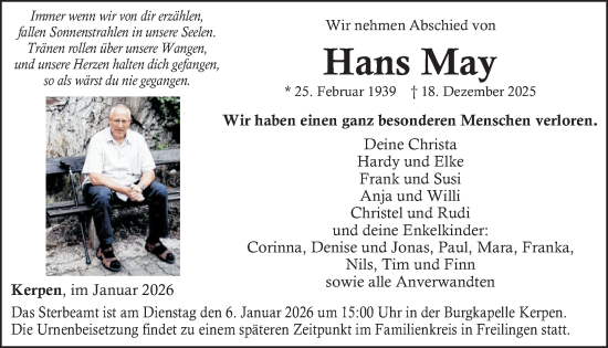 Traueranzeige von Hans May von WochenSpiegel
