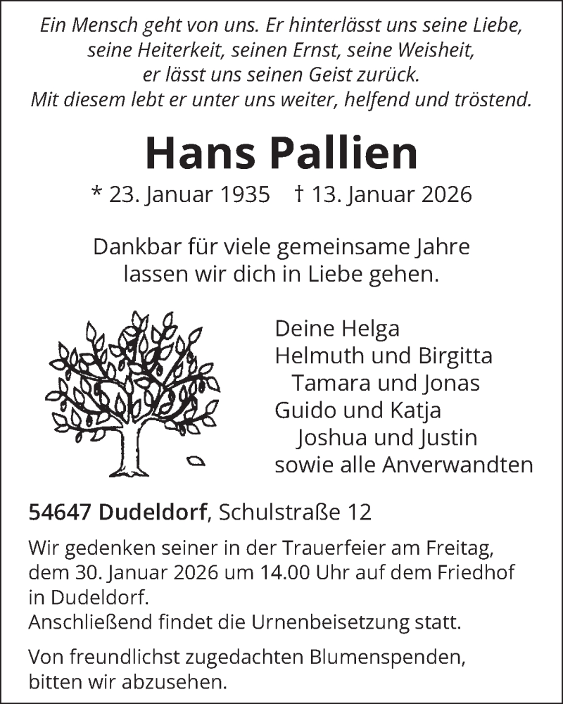  Traueranzeige für Hans Pallien vom 23.01.2026 aus WochenSpiegel