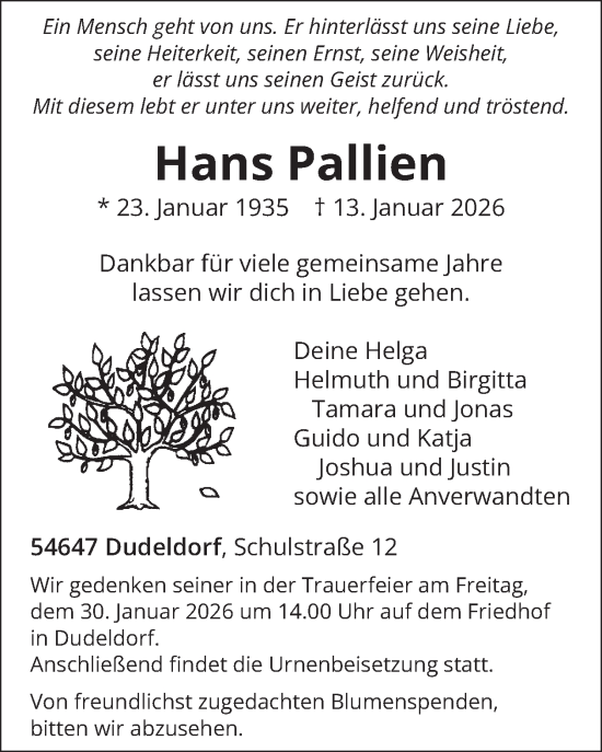 Traueranzeige von Hans Pallien von WochenSpiegel
