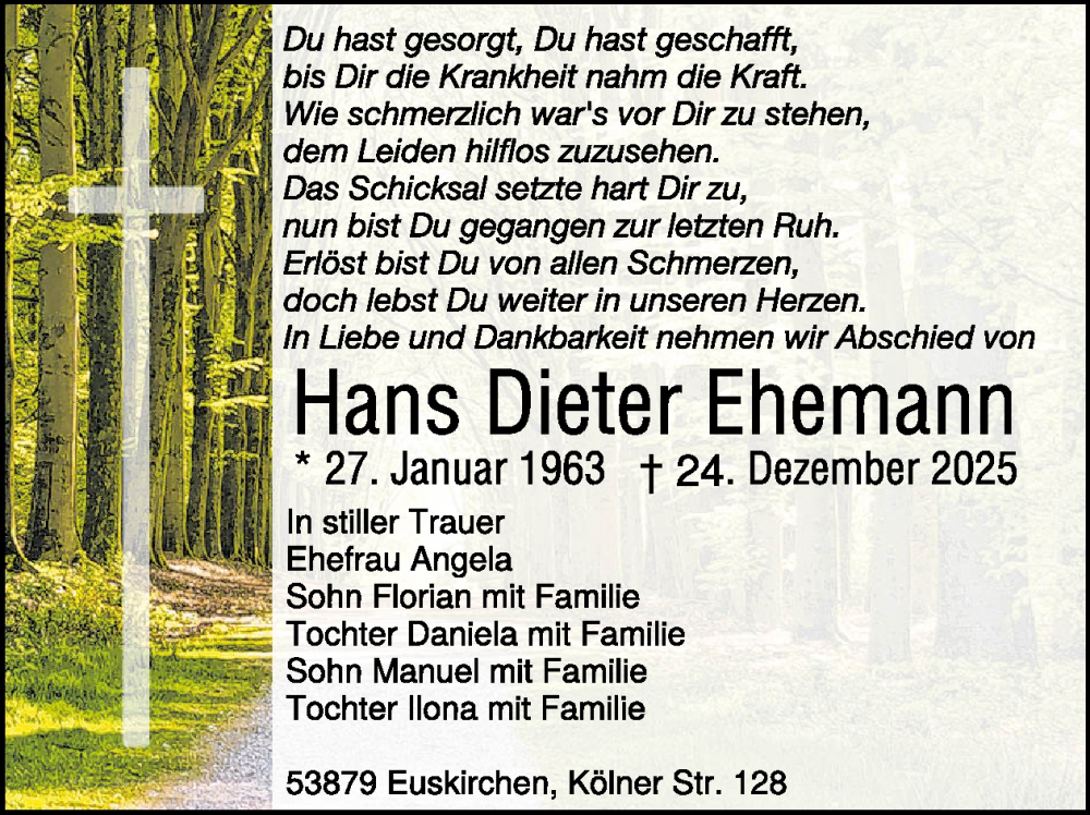  Traueranzeige für Hans Dieter Ehemann  vom 14.01.2026 aus WochenSpiegel