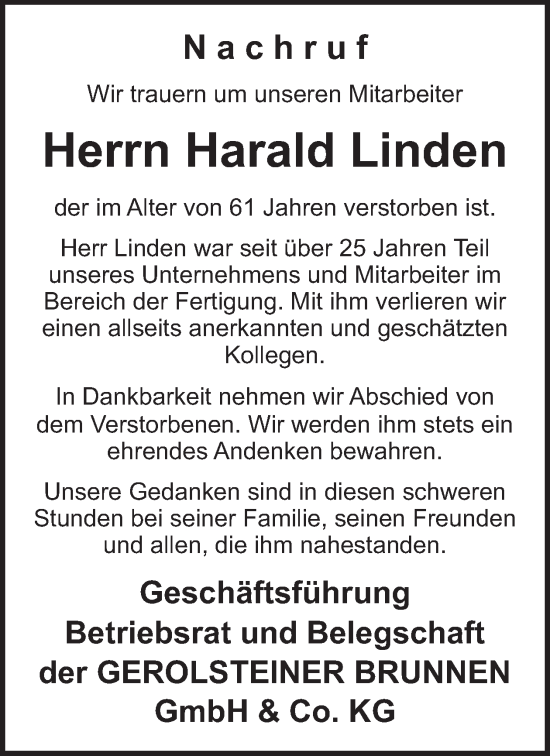 Traueranzeige von Harald Linden von WochenSpiegel