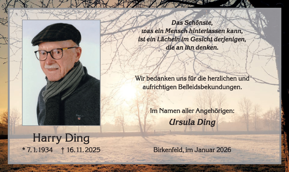  Traueranzeige für Harry Ding vom 10.01.2026 aus WochenSpiegel
