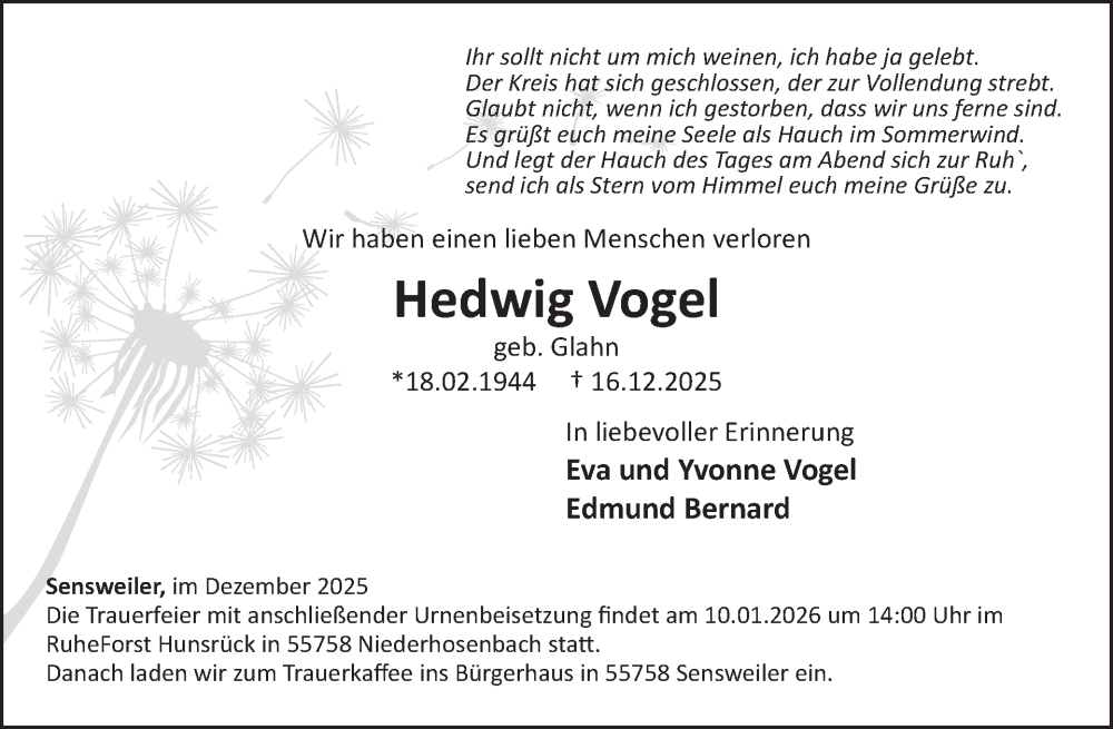  Traueranzeige für Hedwig Vogel vom 03.01.2026 aus WochenSpiegel