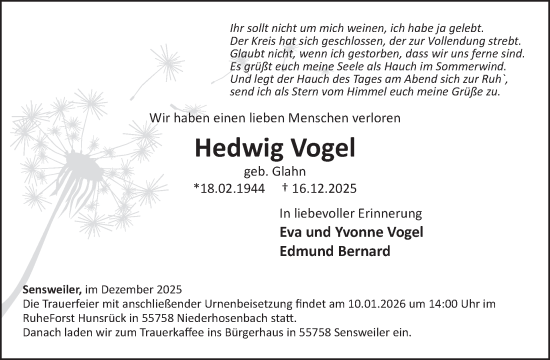 Traueranzeige von Hedwig Vogel von WochenSpiegel