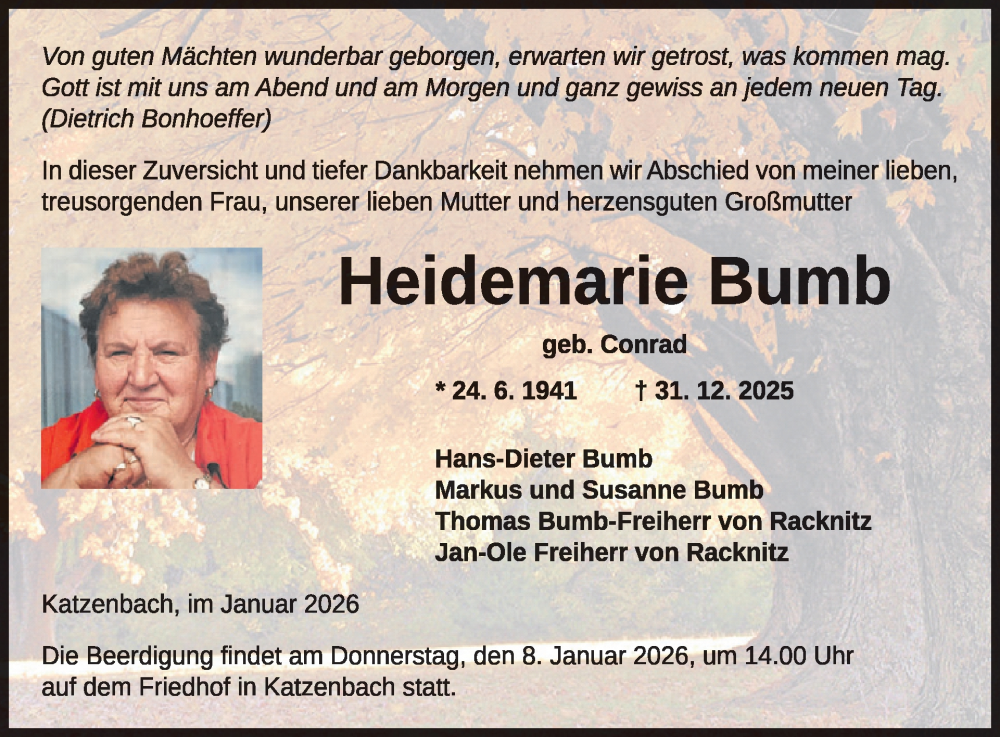  Traueranzeige für Heidemarie Bumb vom 10.01.2026 aus WochenSpiegel