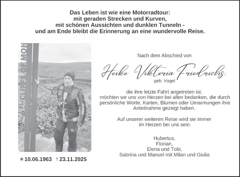  Traueranzeige für Heike Viktoria Friedrichs vom 28.01.2026 aus WochenSpiegel
