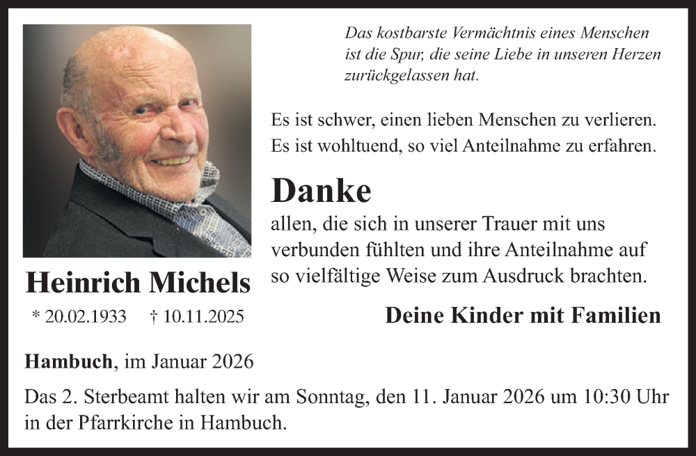  Traueranzeige für Heinrich Michels vom 07.01.2026 aus WochenSpiegel