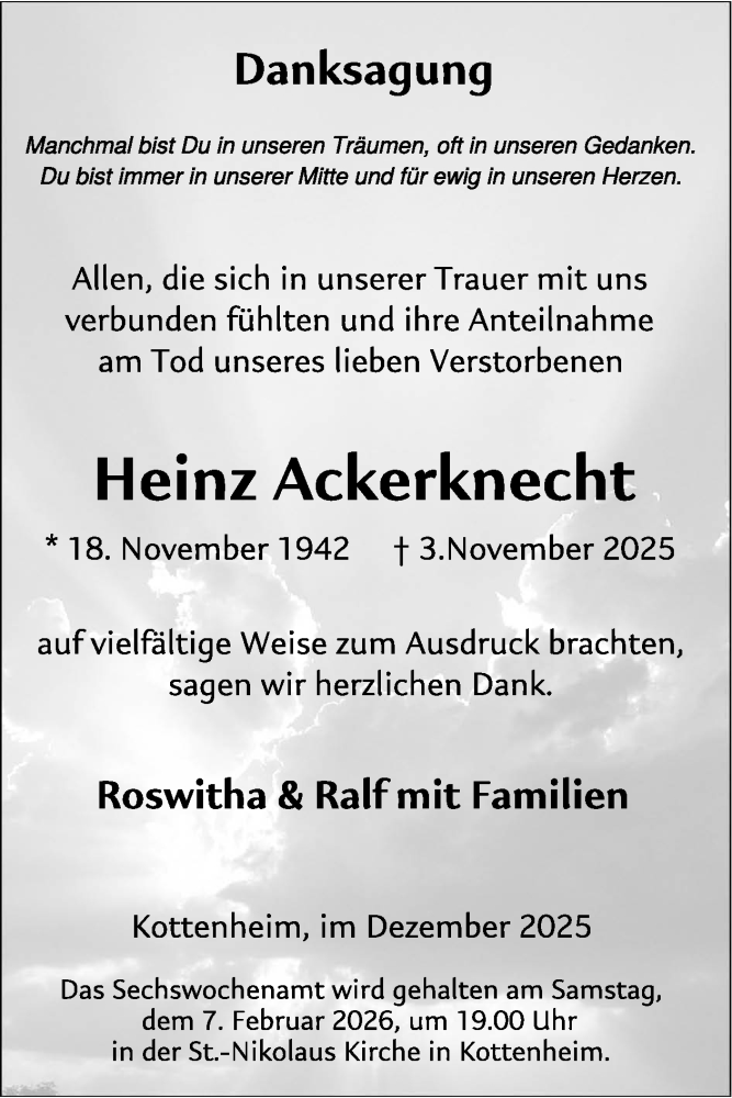  Traueranzeige für Heinz Ackerknecht vom 07.01.2026 aus WochenSpiegel