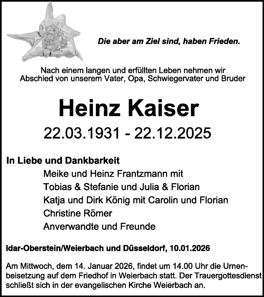 Traueranzeige für Heinz Kaiser vom 10.01.2026 aus WochenSpiegel