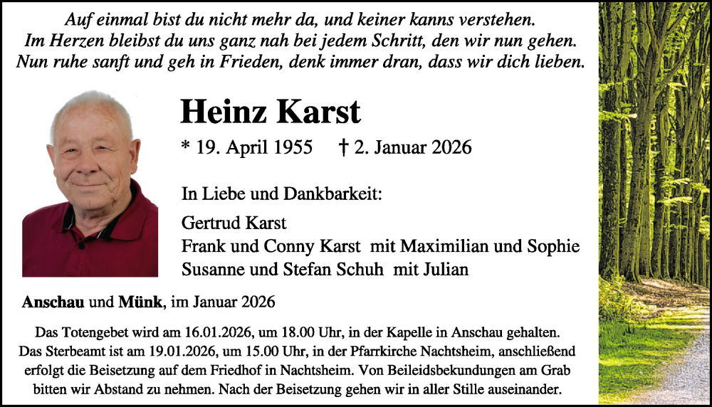  Traueranzeige für Heinz Karst vom 07.01.2026 aus WochenSpiegel