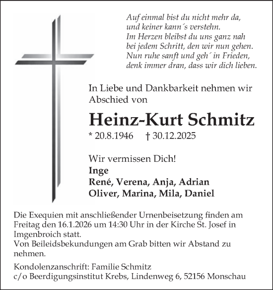 Traueranzeige von Heinz-Kurt Schmitz von WochenSpiegel