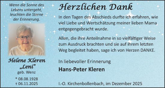 Traueranzeige von Helene Kleren von WochenSpiegel