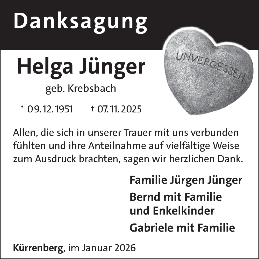  Traueranzeige für Helga Jünger vom 14.01.2026 aus WochenSpiegel