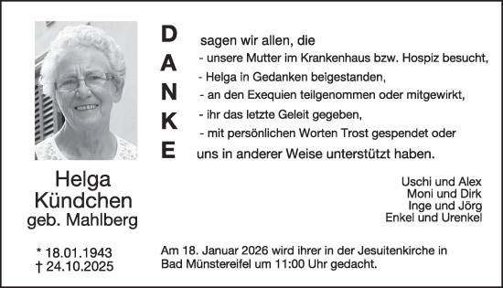 Traueranzeige von Helga Kündchen von WochenSpiegel