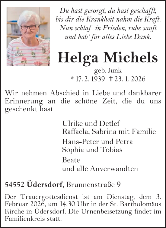 Traueranzeige von Helga Michels von WochenSpiegel