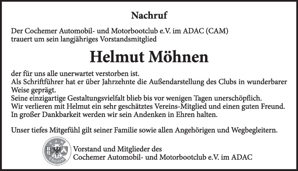  Traueranzeige für Helmut Möhnen vom 21.01.2026 aus WochenSpiegel