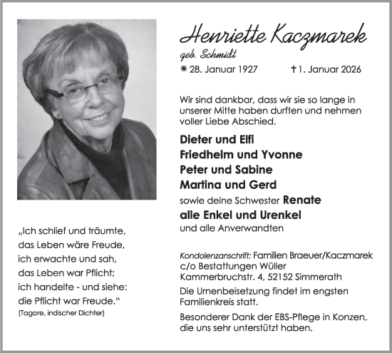 Traueranzeige von Henriette Kaczmarek von WochenSpiegel