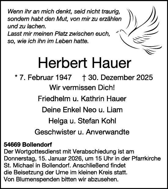 Traueranzeige von Herbert Hauer von WochenSpiegel