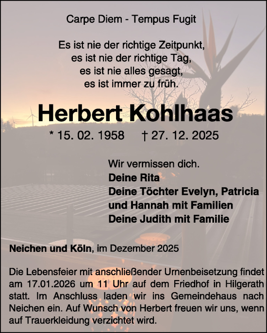 Traueranzeige von Herbert Kohlhaas von WochenSpiegel