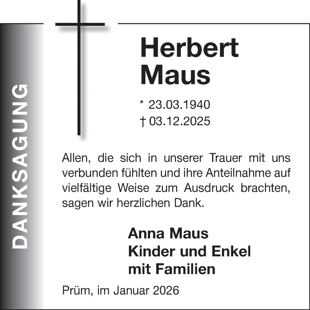  Traueranzeige für Herbert Maus vom 23.01.2026 aus WochenSpiegel