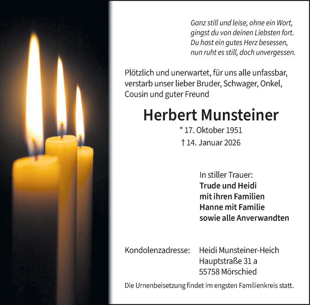  Traueranzeige für Herbert Munsteiner vom 24.01.2026 aus WochenSpiegel