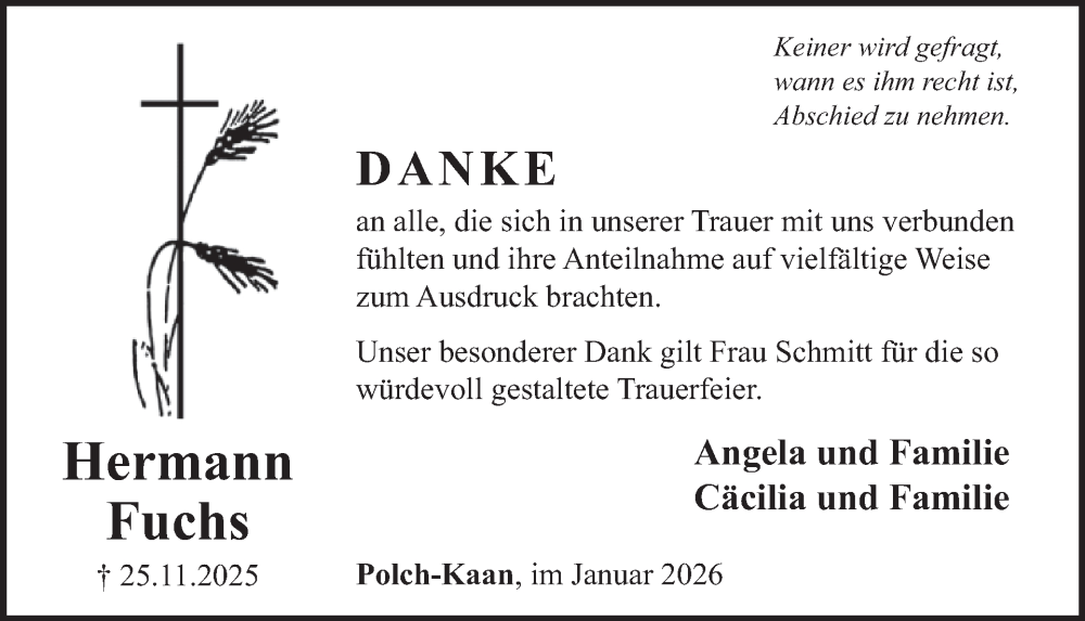  Traueranzeige für Hermann Fuchs vom 14.01.2026 aus WochenSpiegel