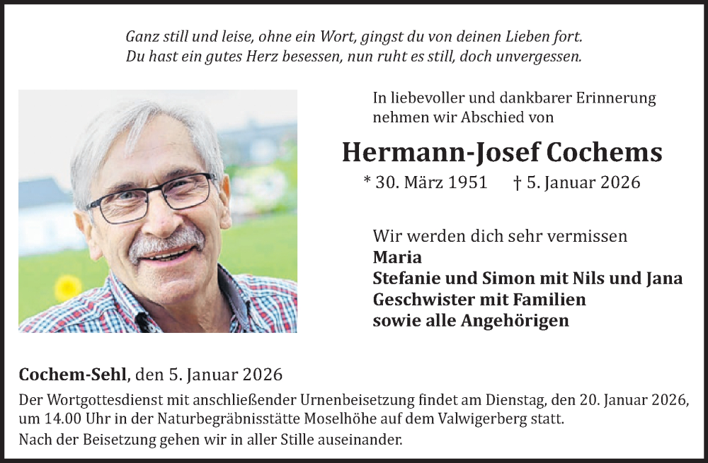  Traueranzeige für Hermann-Josef Cochems vom 14.01.2026 aus WochenSpiegel