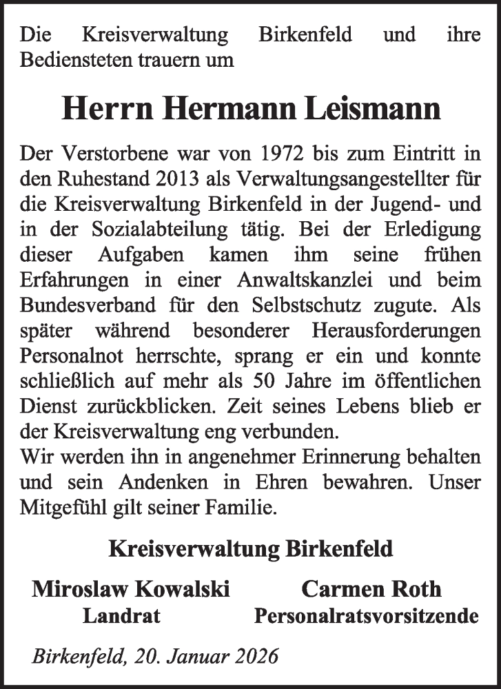  Traueranzeige für Hermann Leismann vom 31.01.2026 aus WochenSpiegel