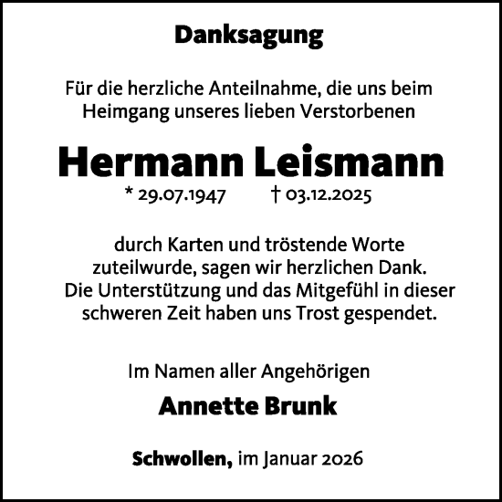 Traueranzeige von Hermann Leismann von WochenSpiegel