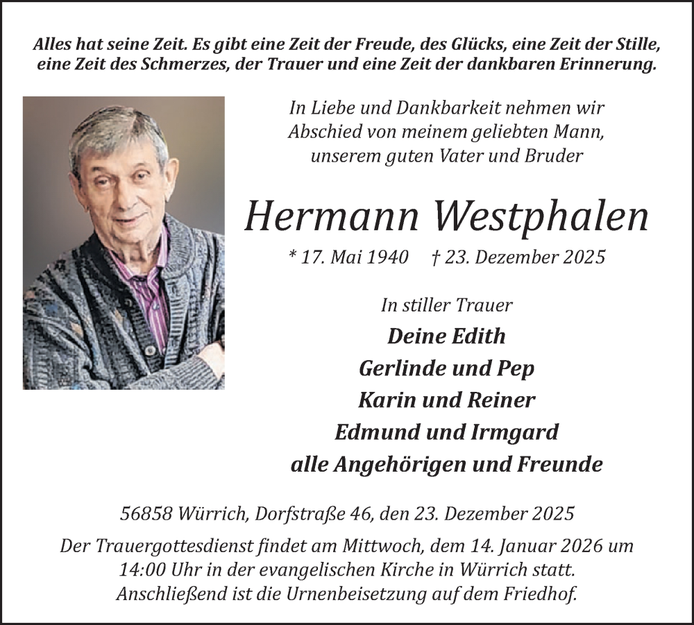 Traueranzeige für Hermann Westphalen vom 10.01.2026 aus WochenSpiegel