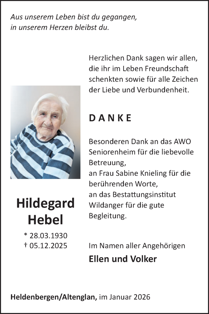  Traueranzeige für Hildegard Hebel vom 17.01.2026 aus WochenSpiegel
