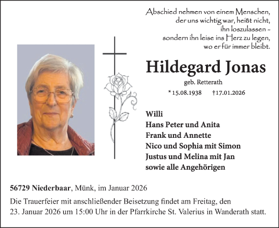 Traueranzeige von Hildegard Jonas von WochenSpiegel