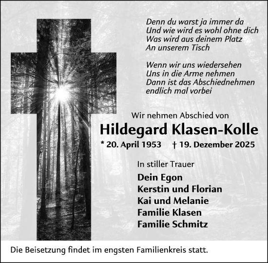 Traueranzeige von Hildegard Klasen-Kolle von WochenSpiegel