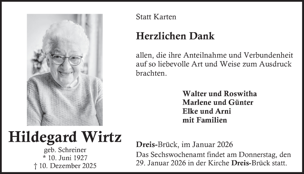  Traueranzeige für Hildegard Wirtz vom 24.01.2026 aus WochenSpiegel